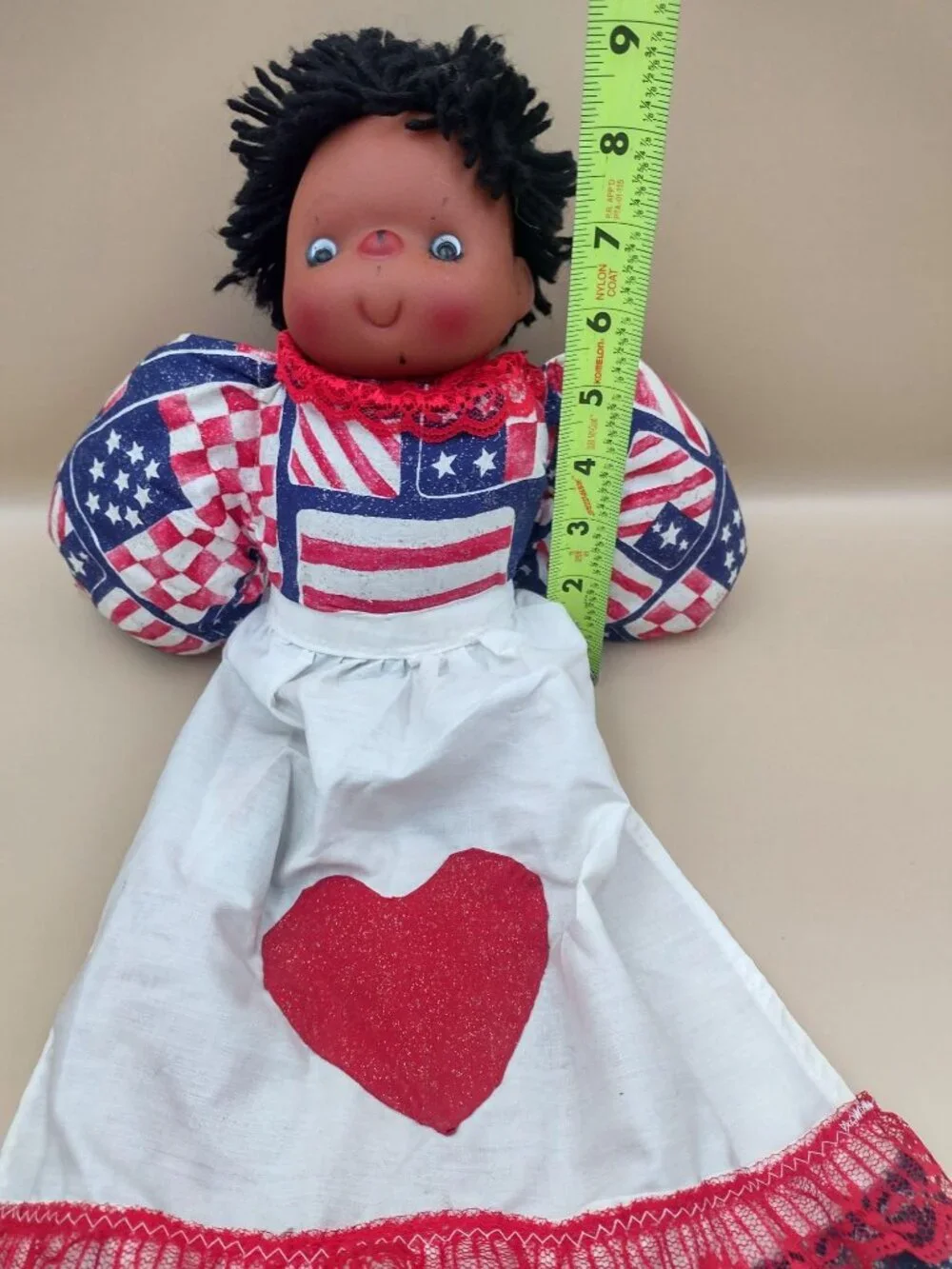 Vintage Handmade Black Folk Art Patriotic Rag Doll American Flag Dress